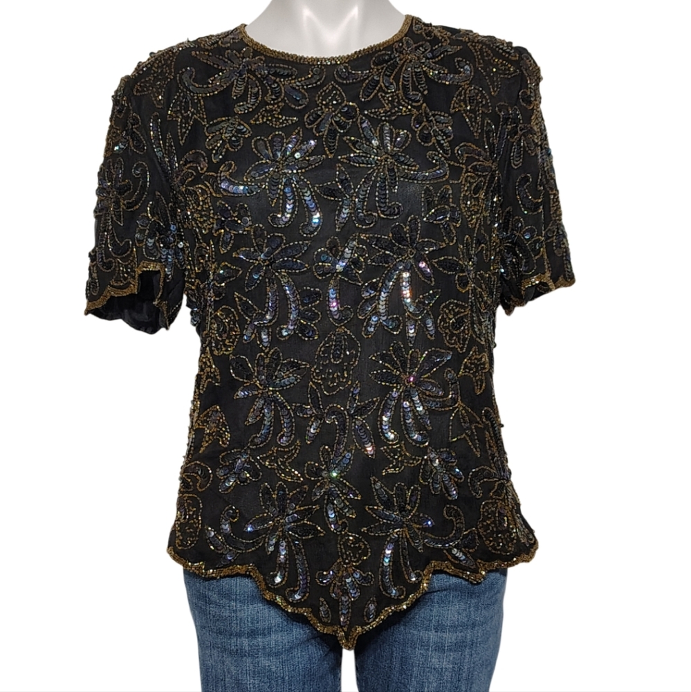 Vintage Papell Boutique Evening Blouse Sequin Silk Beaded Top Cote d' Azur - Picture 3 of 9